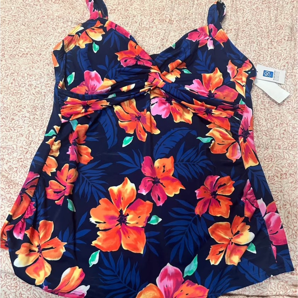 Lands' End Women's Floral Swim Blouse - Orange and Pink on Navy